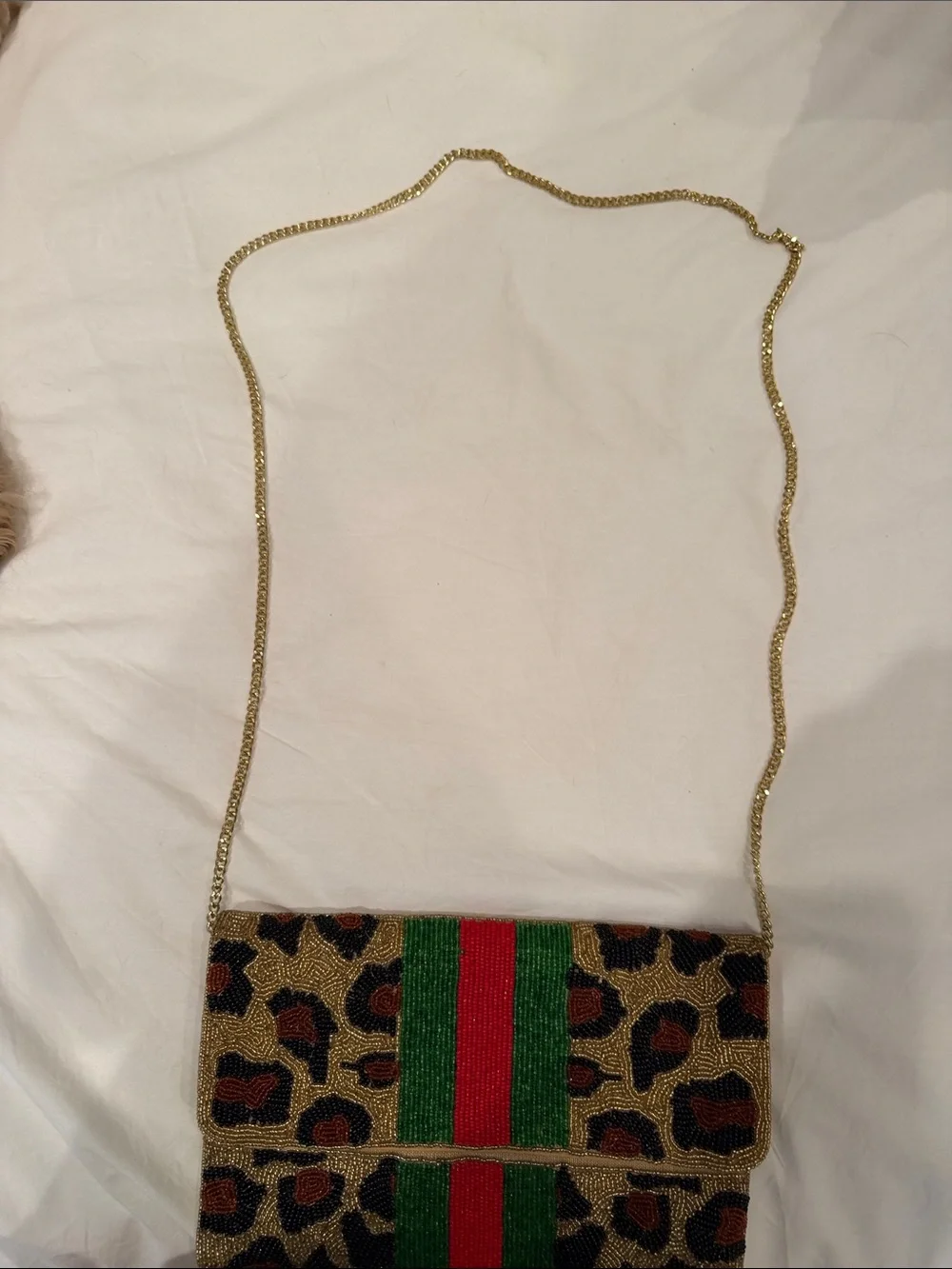 Beaded Leopard Print Clutch with Green and Red Stripe